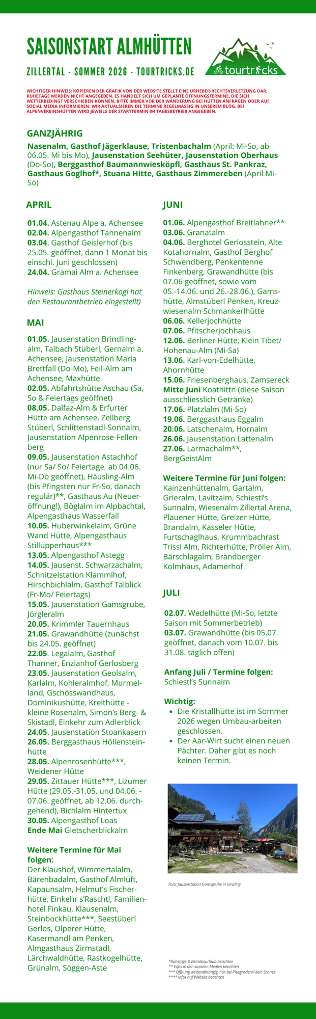 Infografik mit Öffnungsterminen der Almhütten im Zillertal in der Sommersaison 2026