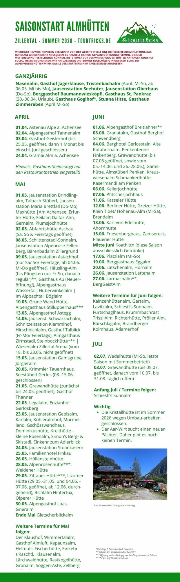 Infografik mit den Öffnungsterminen der Almhütten und Berggasthöfe im Zillertal im Sommer 2026