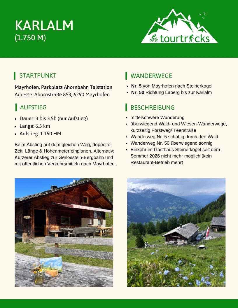 Grafik mit Wanderbeschreibung für den Aufstieg von Mayrhofen zur Karlalm