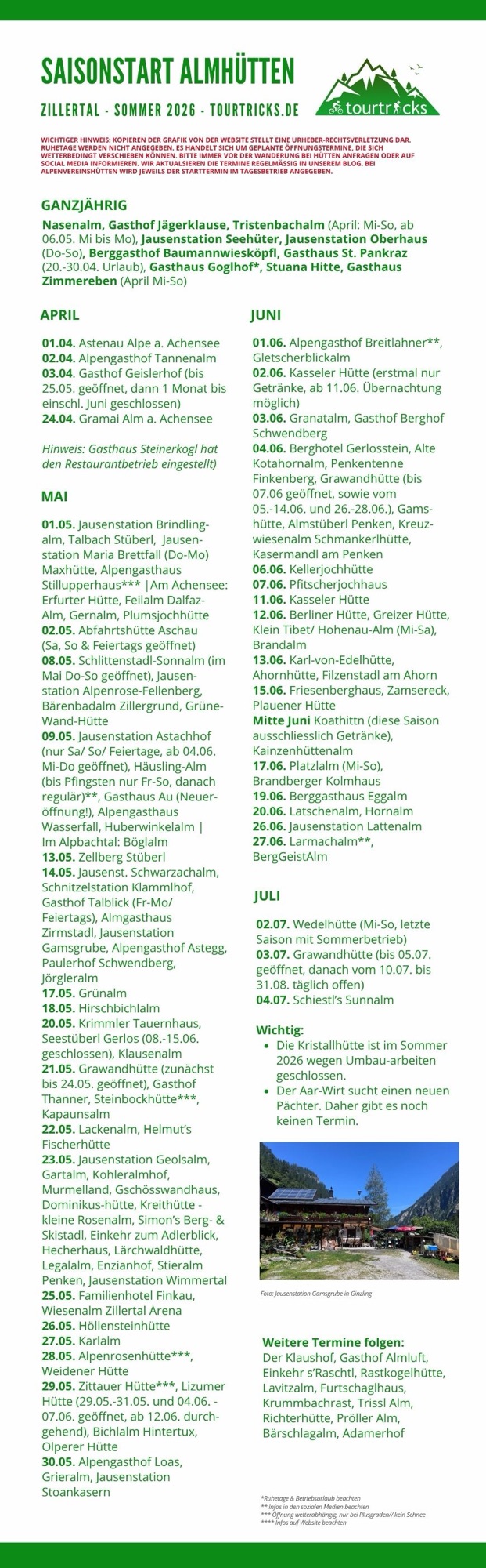 Infografik mit den Öffnungsterminen der Almhütten und Berggasthöfe im Zillertal im Sommer 2026