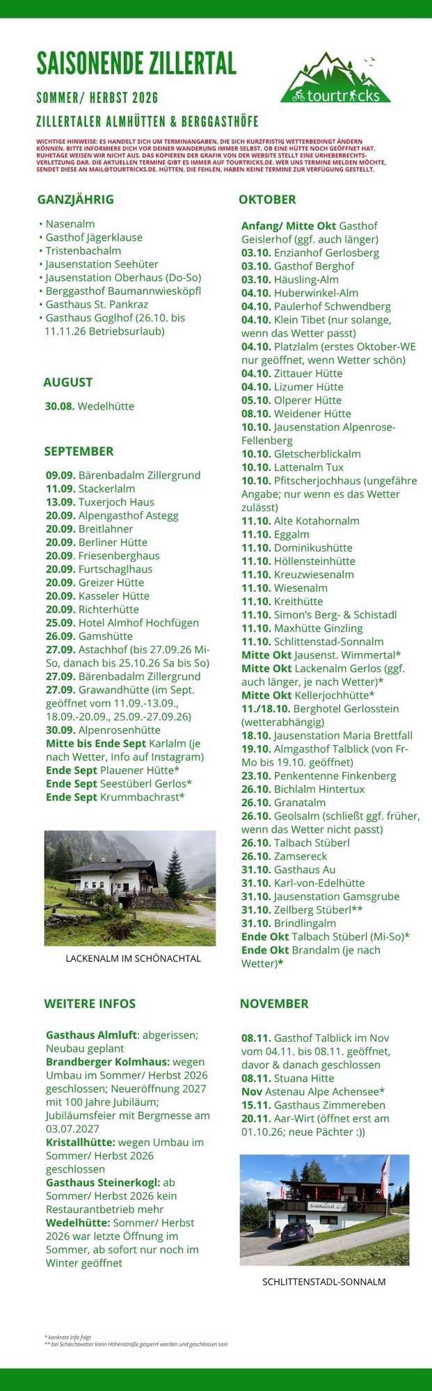 Liste mit Terminen bis wann Almhütten und Berggasthöfe im Zillertal im Herbst 2026 geöffnet sind 