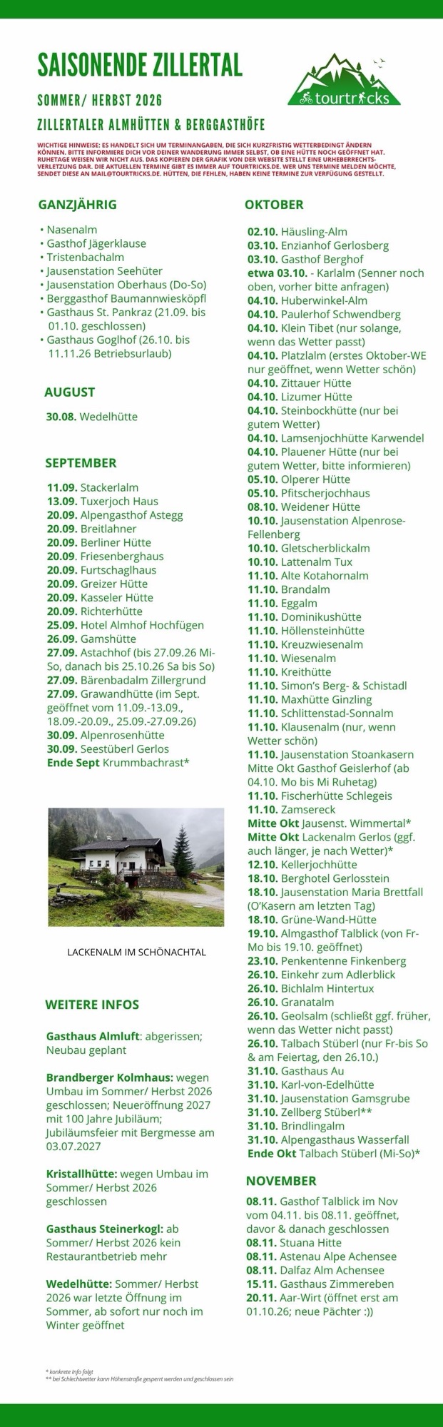 Tourtricks Liste bis wann Hütten und Berggasthöfe im Zillertal im Herbst 2026 geöffnet sind. Letztes Update: 11.10.2026