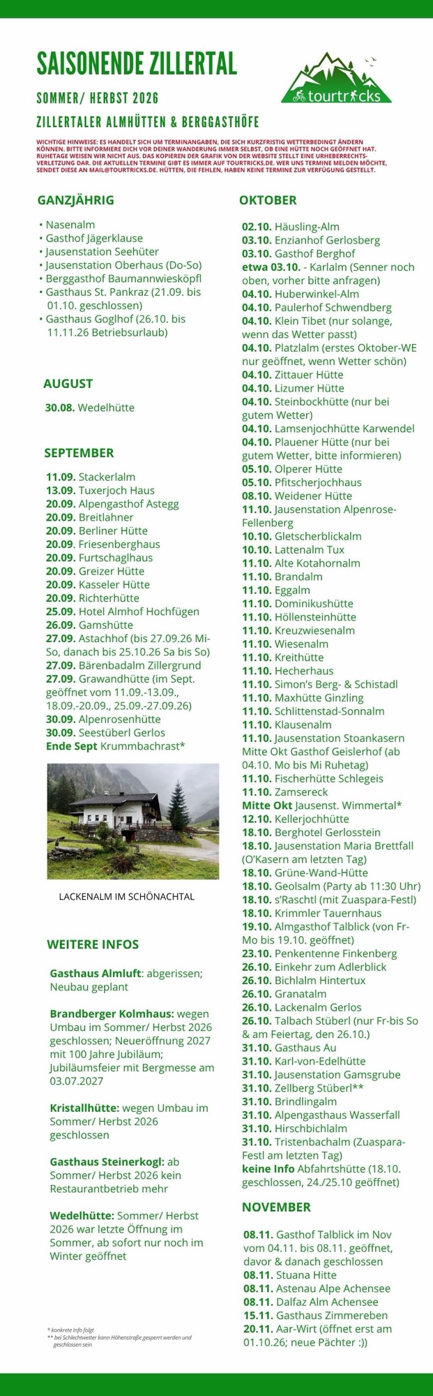 Tourtricks Liste bis wann Hütten und Berggasthöfe im Zillertal im Herbst 2026 geöffnet sind.